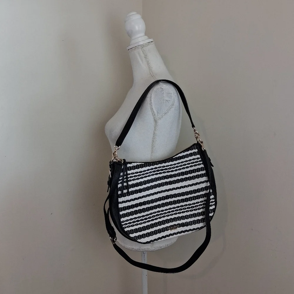 Kate Spade Large Cobble Hill Black Mylie Straw Raffia Hobo Bag NWOT